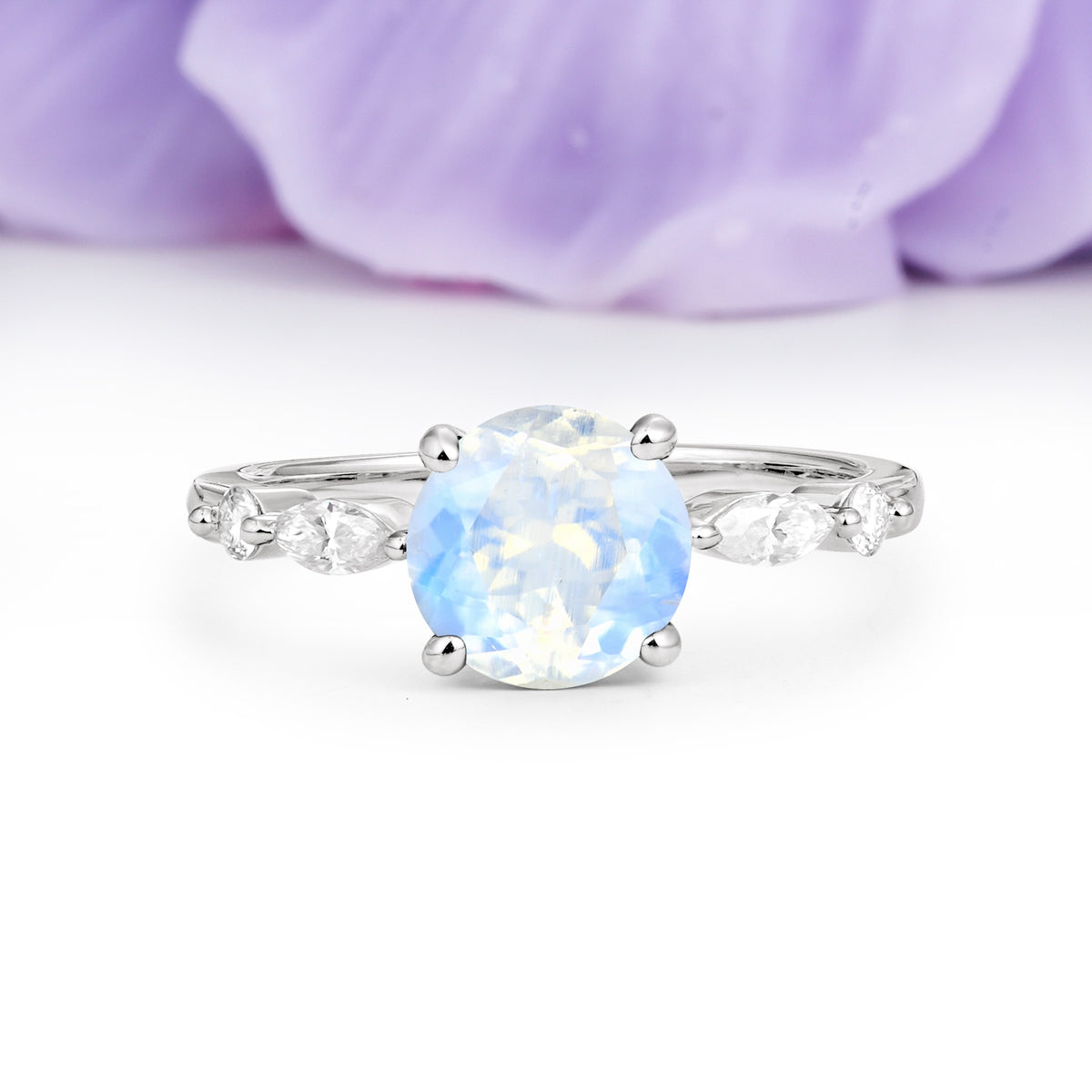 Classic Retro Luxury 4-Prong Round Cut Moonstone Engagement Ring - Additional view
