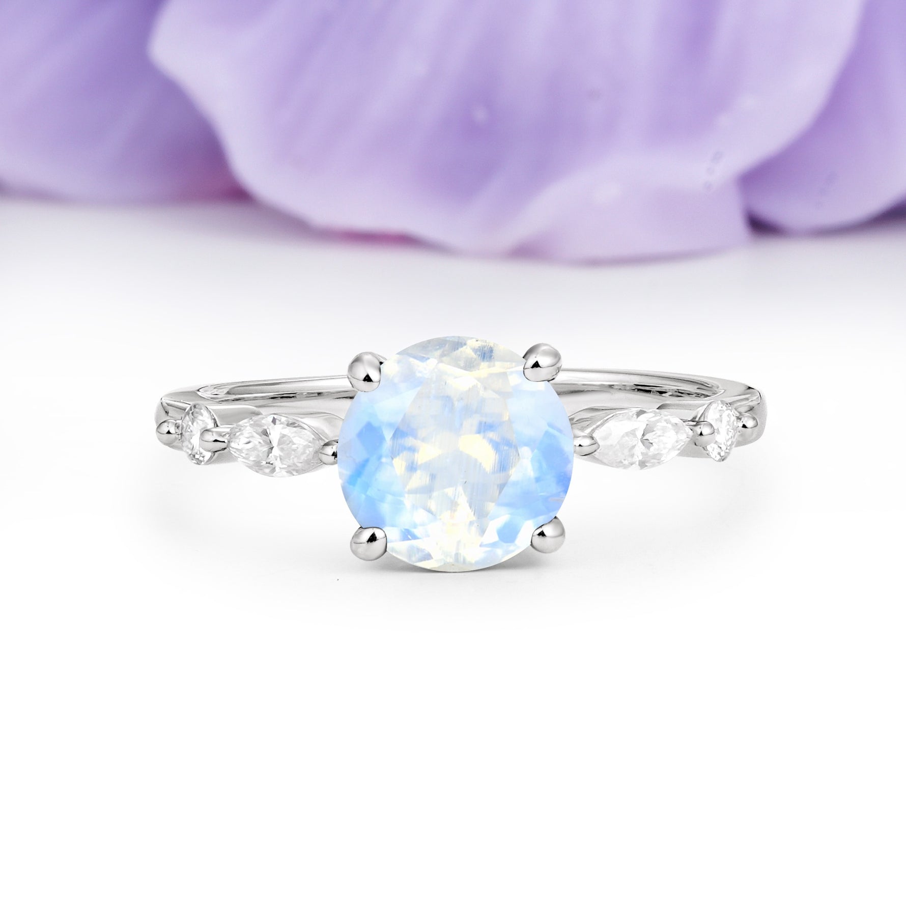 Classic Retro Luxury 4-Prong Round Cut Moonstone Engagement Ring - Additional view