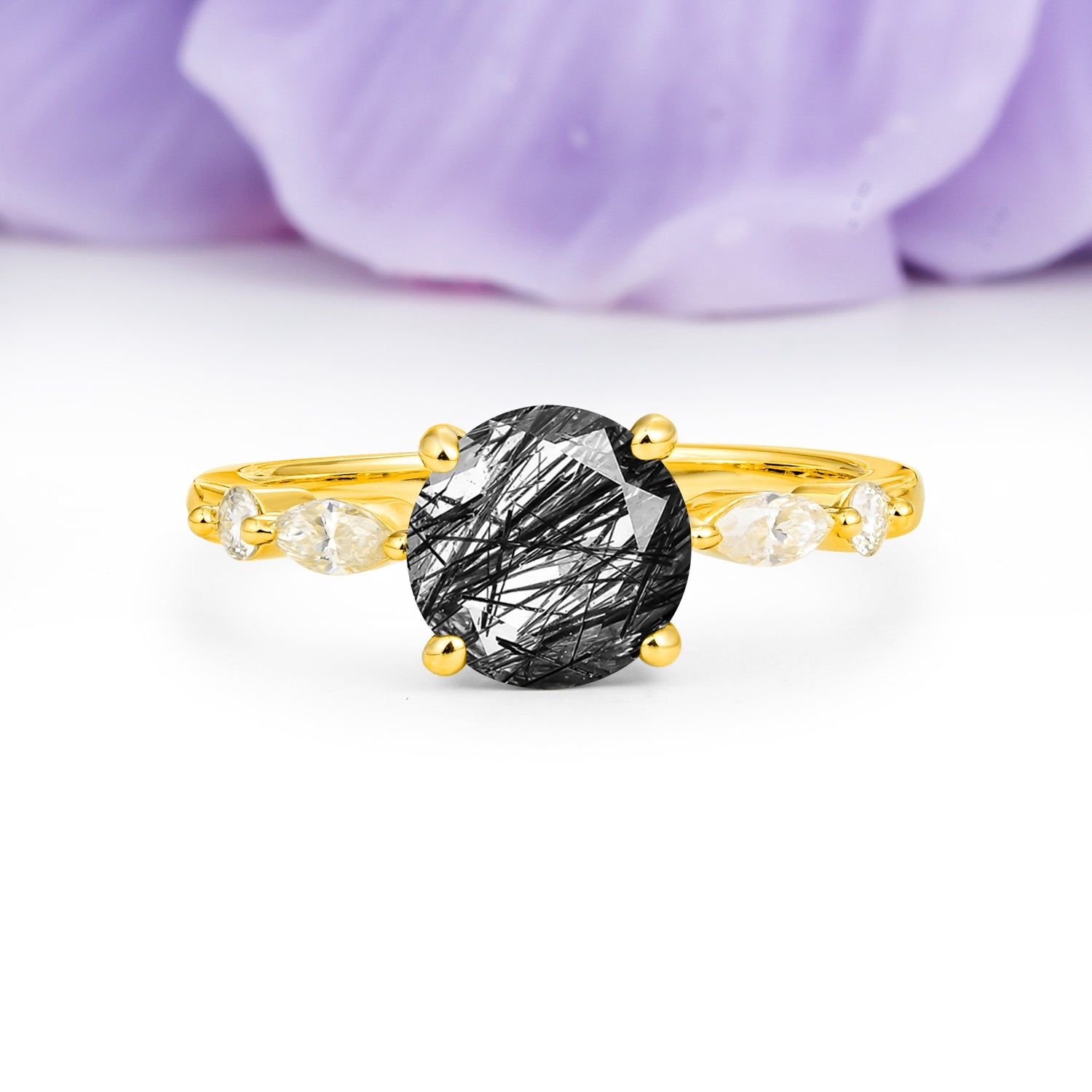 Classic Retro Luxury 4-Prong Round Cut Black Rutilated Quartz Engagement Ring - Additional view