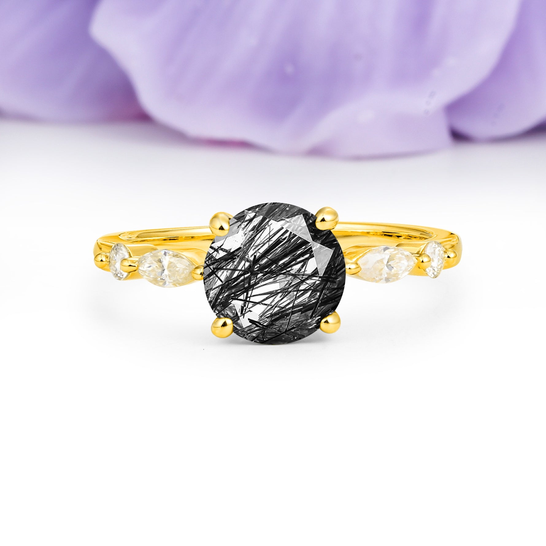 Classic Retro Luxury 4-Prong Round Cut Black Rutilated Quartz Engagement Ring - Additional view