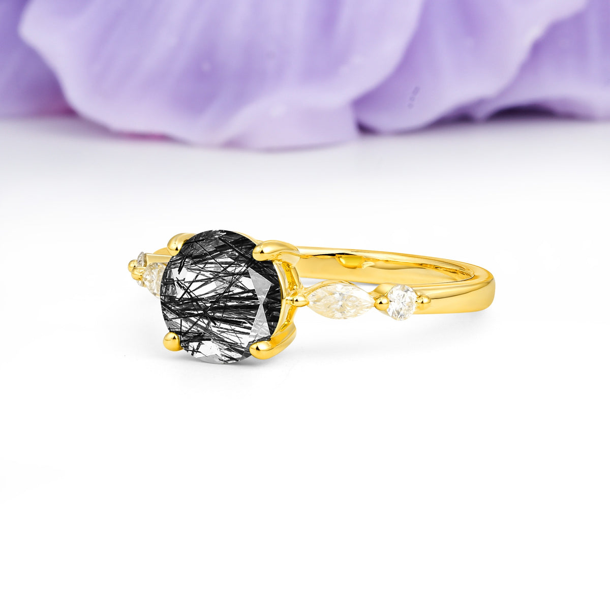 Classic Retro Luxury 4-Prong Round Cut Black Rutilated Quartz Engagement Ring - Additional view