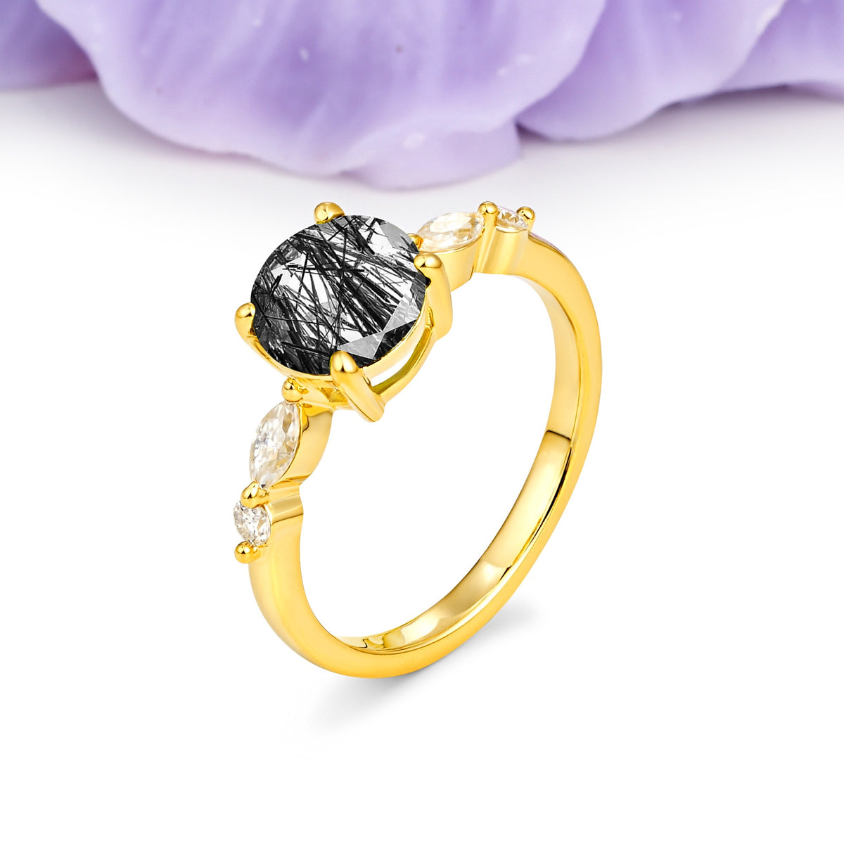 Classic Retro Luxury 4-Prong Round Cut Black Rutilated Quartz Engagement Ring - Additional view