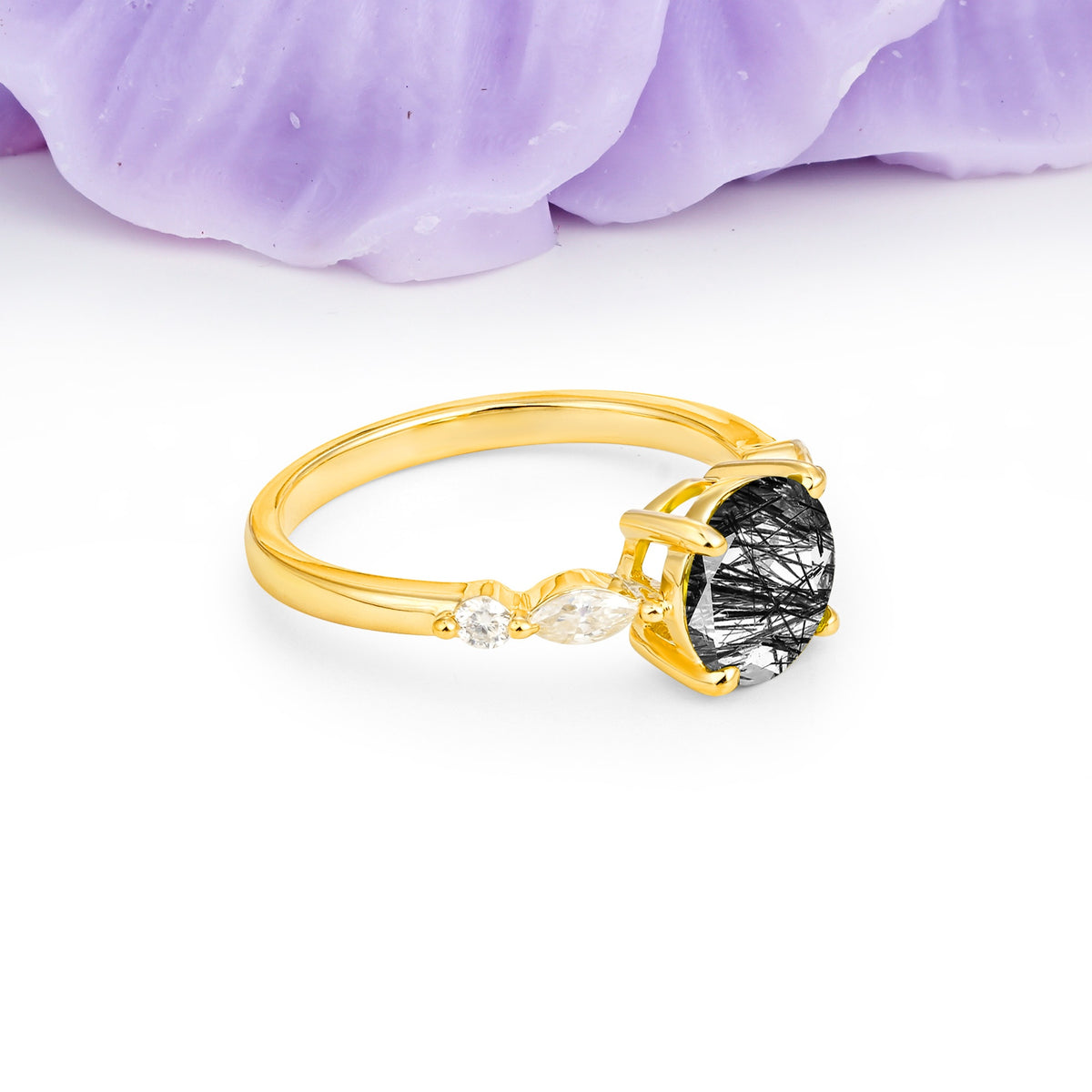 Classic Retro Luxury 4-Prong Round Cut Black Rutilated Quartz Engagement Ring - Additional view