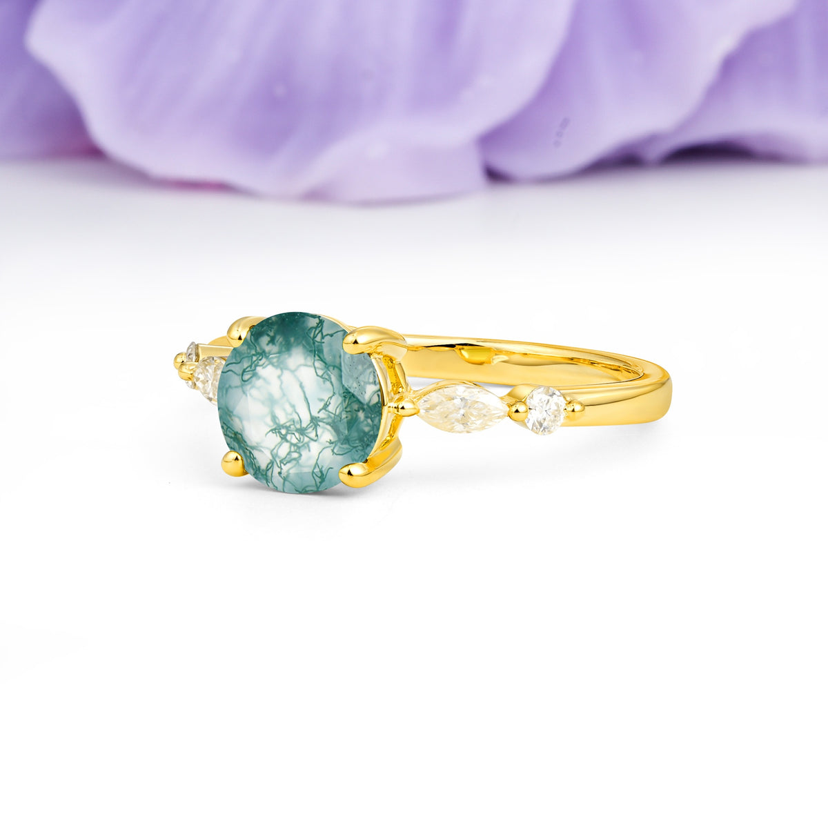 Classic Retro Luxury 4-Prong Round Cut Moss Agate Engagement Ring - Additional view