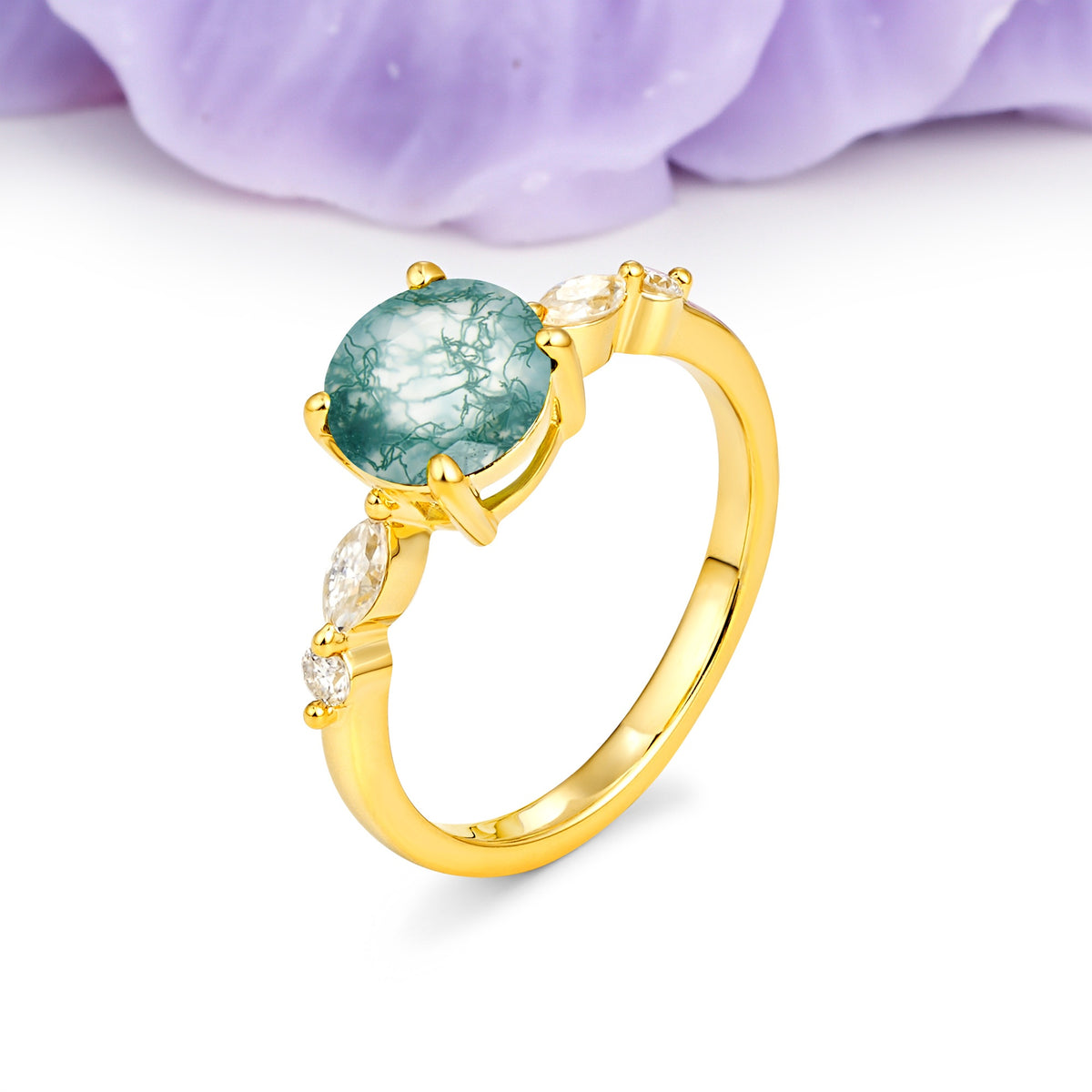 Classic Retro Luxury 4-Prong Round Cut Moss Agate Engagement Ring - Additional view
