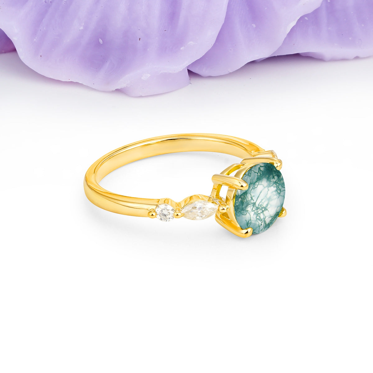 Classic Retro Luxury 4-Prong Round Cut Moss Agate Engagement Ring - Additional view