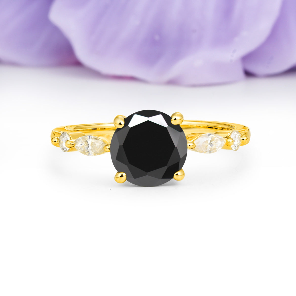 Classic Retro Luxury 4-Prong Round Cut Black Onyx Engagement Ring - Additional view