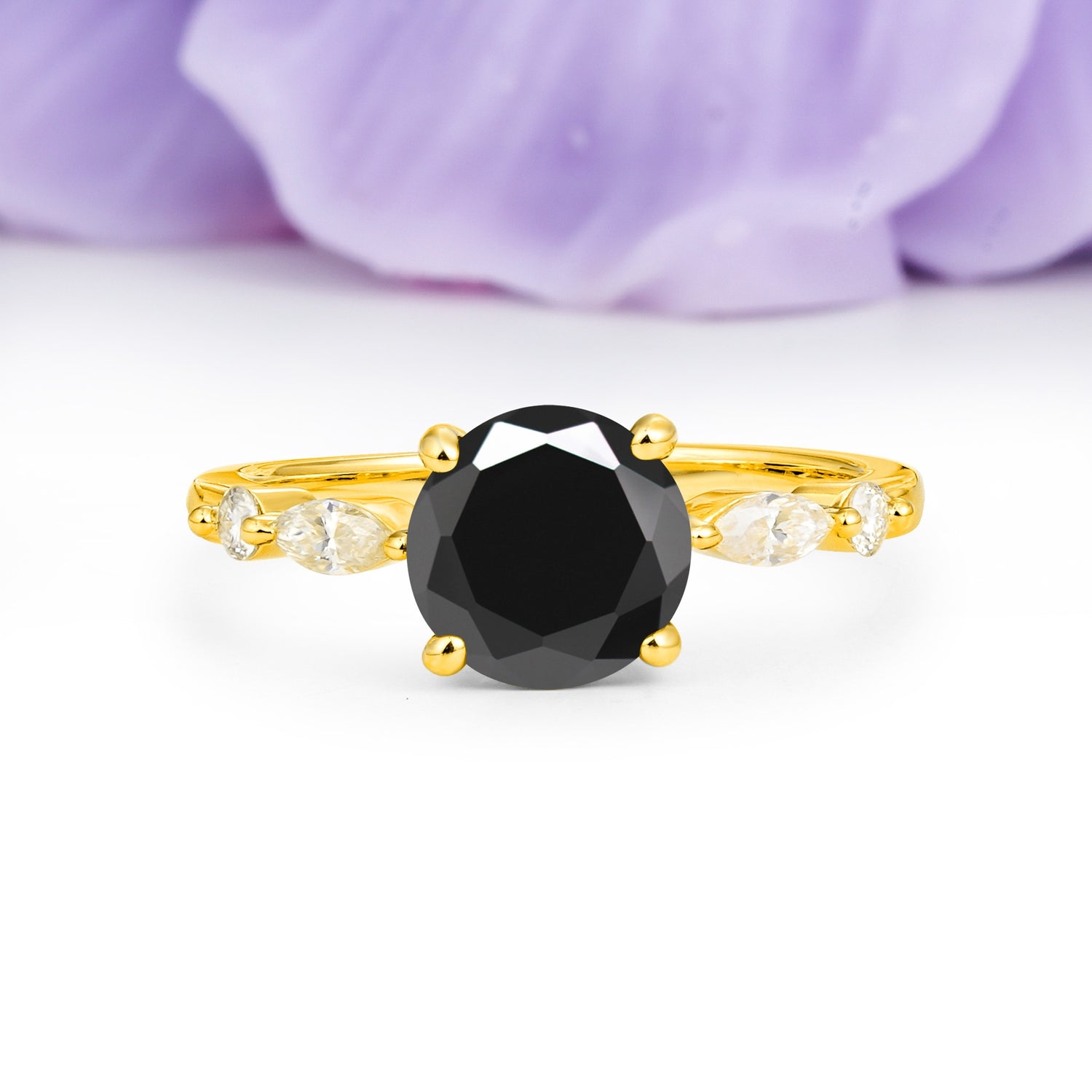 Classic Retro Luxury 4-Prong Round Cut Black Onyx Engagement Ring - Additional view