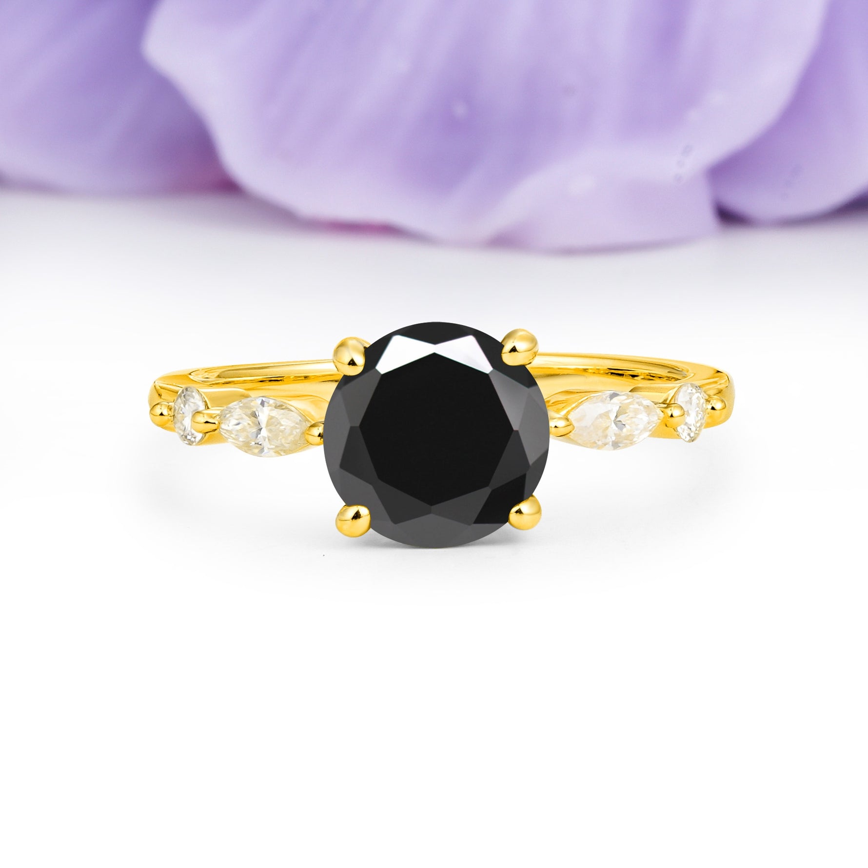 Classic Retro Luxury 4-Prong Round Cut Black Onyx Engagement Ring - Additional view