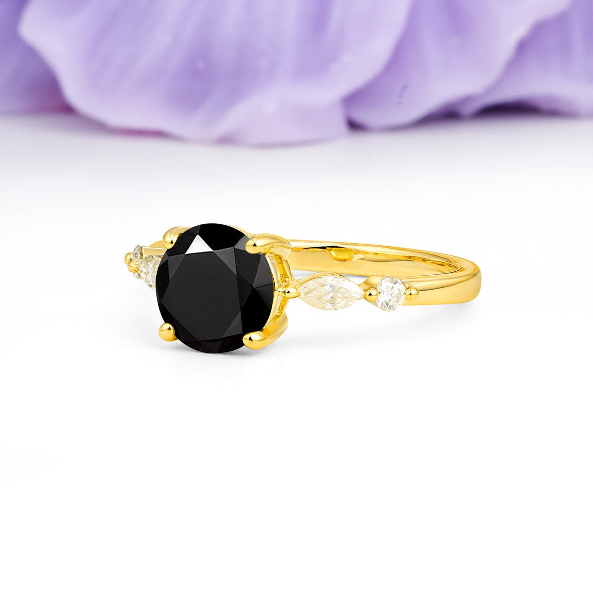 Classic Retro Luxury 4-Prong Round Cut Black Onyx Engagement Ring - Additional view