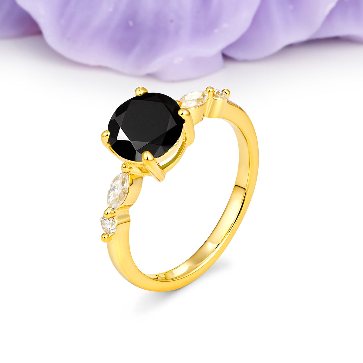 Classic Retro Luxury 4-Prong Round Cut Black Onyx Engagement Ring - Additional view