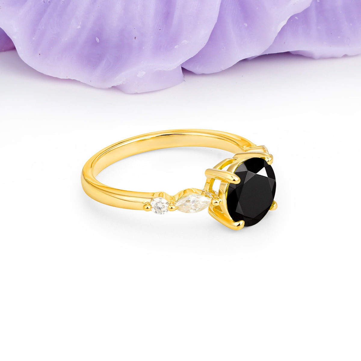 Classic Retro Luxury 4-Prong Round Cut Black Onyx Engagement Ring - Additional view