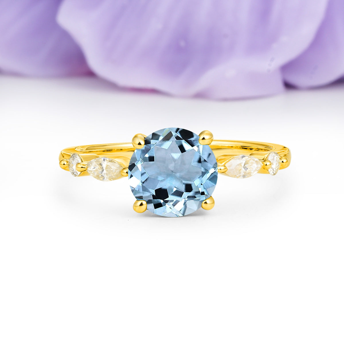 Classic Retro Luxury 4-Prong Round Cut Aquamarine Engagement Ring - Additional view