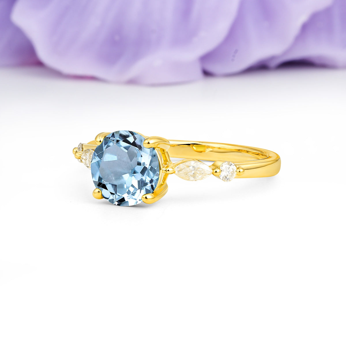 Classic Retro Luxury 4-Prong Round Cut Aquamarine Engagement Ring - Additional view