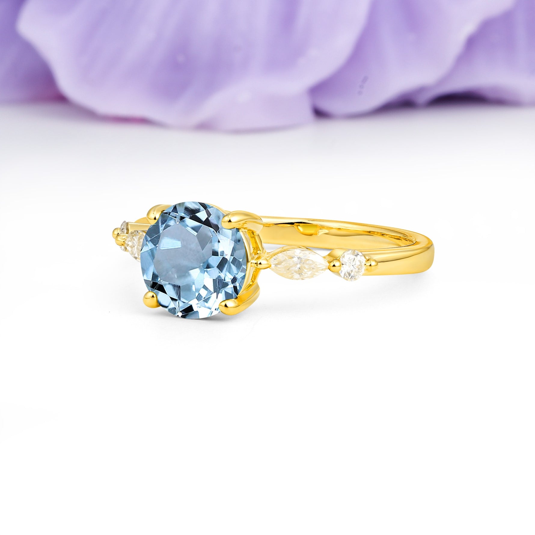 Classic Retro Luxury 4-Prong Round Cut Aquamarine Engagement Ring - Additional view