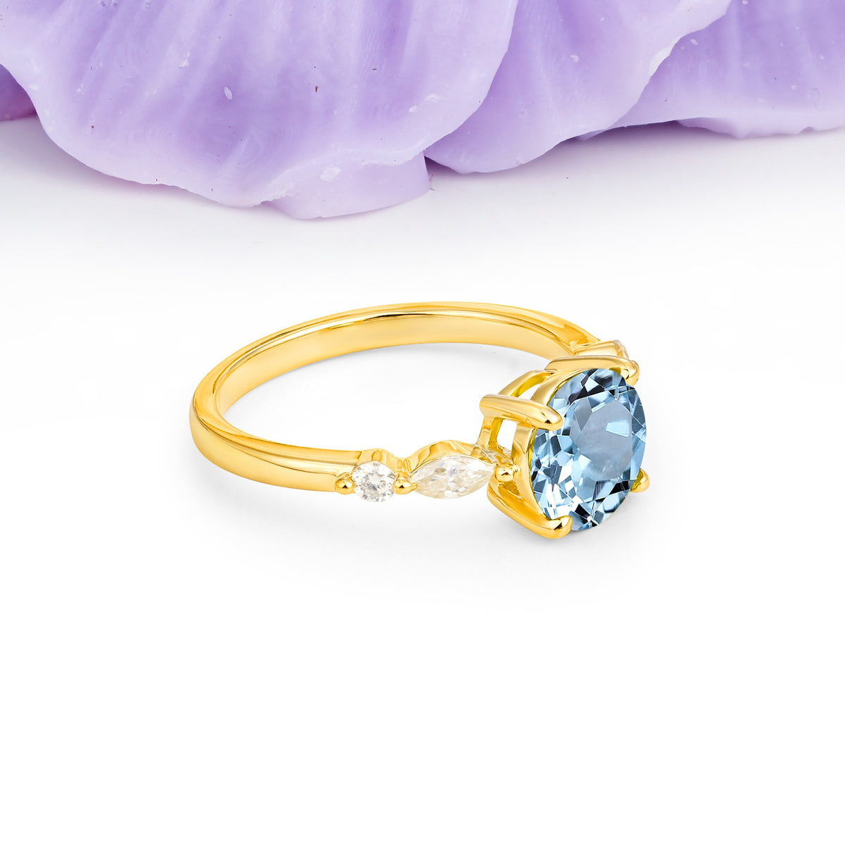 Classic Retro Luxury 4-Prong Round Cut Aquamarine Engagement Ring - Additional view