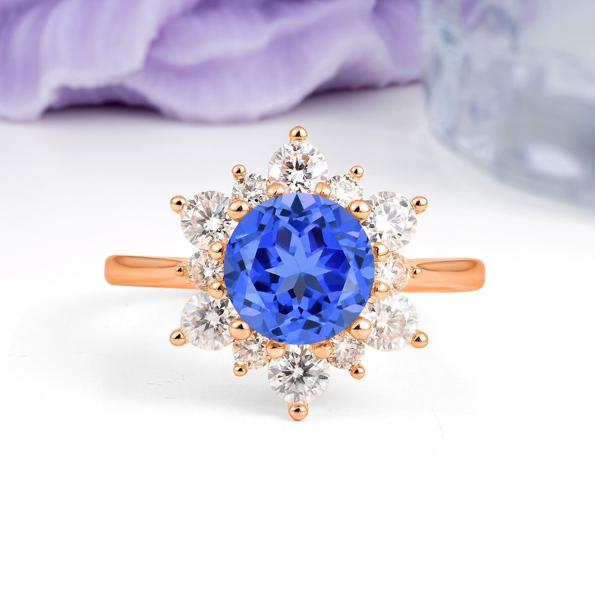 Luxurious Flower-Shaped 12-Prong Round Cut Sapphire Engagement Ring - Additional view