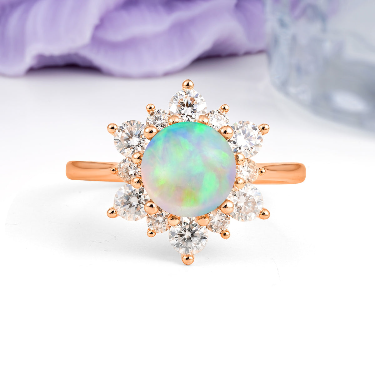 Luxurious Flower-Shaped 12-Prong Round Cut Fire Opal Engagement Ring - Additional view