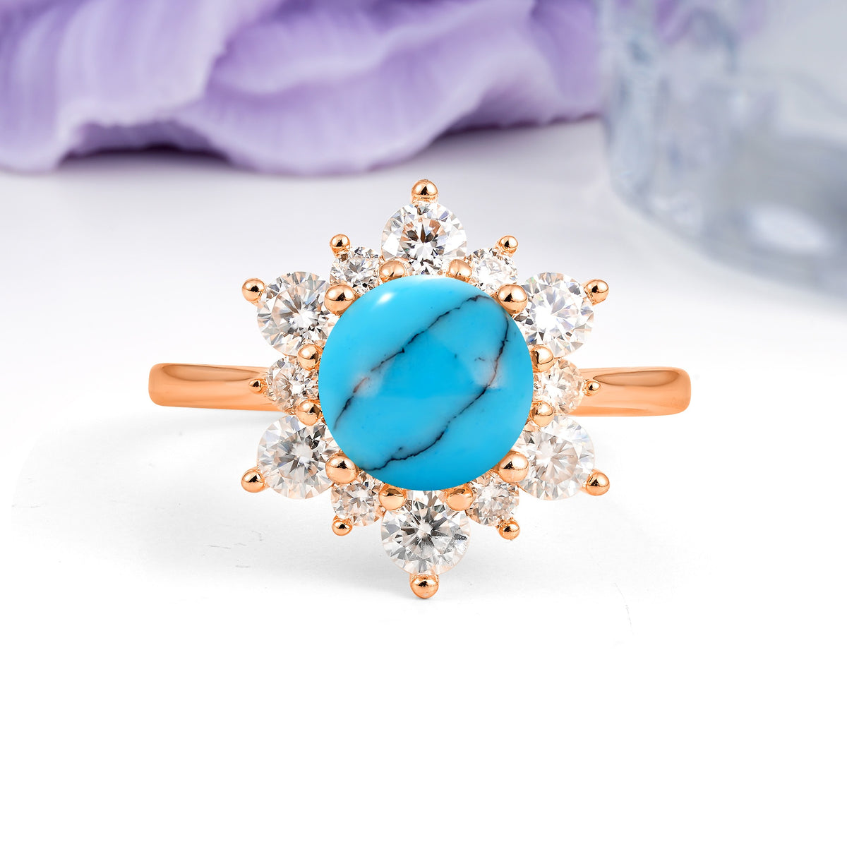 Luxurious Flower-Shaped 12-Prong Round Cut Turquoise Engagement Ring - Additional view