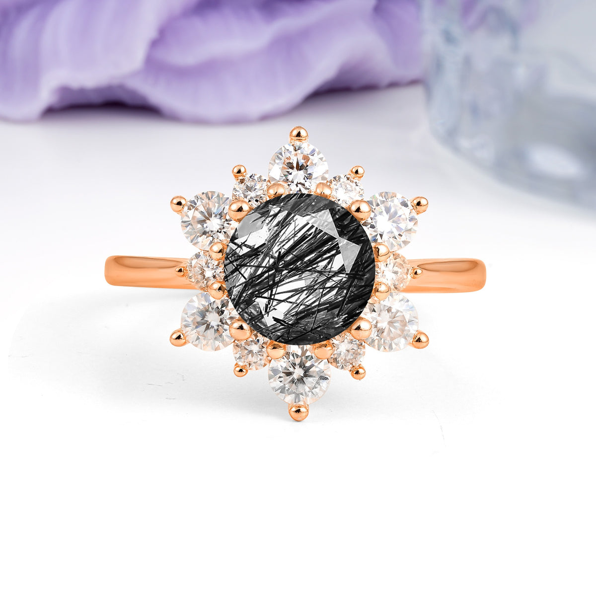 Luxurious Flower-Shaped 12-Prong Round Cut Black Rutilated Quartz Engagement Ring - Additional view