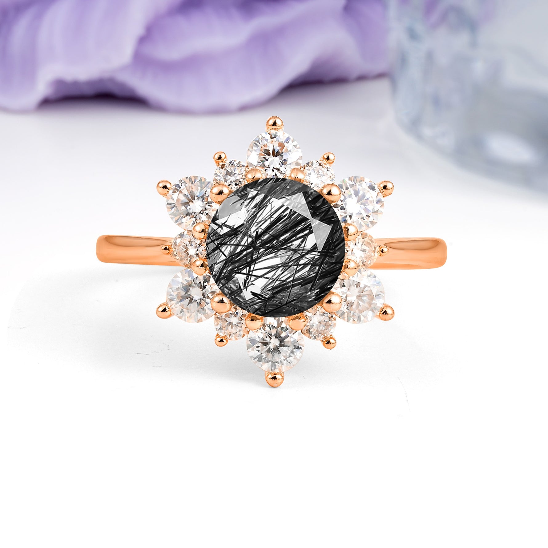 Luxurious Flower-Shaped 12-Prong Round Cut Black Rutilated Quartz Engagement Ring - Additional view