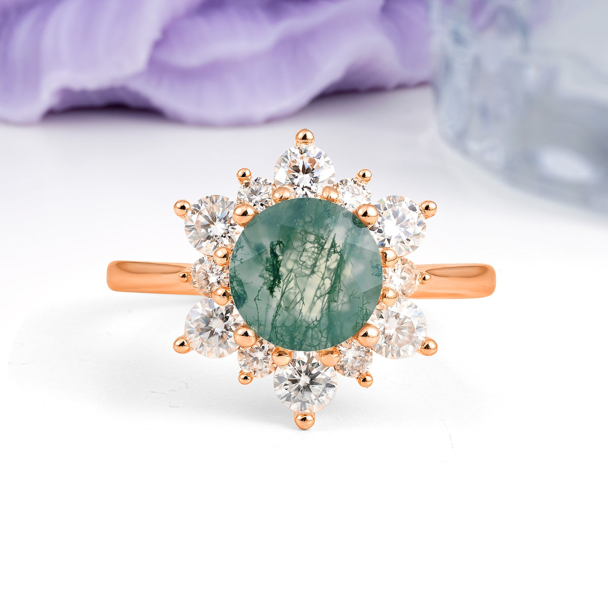 Luxurious Flower-Shaped 12-Prong Round Cut Moss Agate Engagement Ring - Additional view