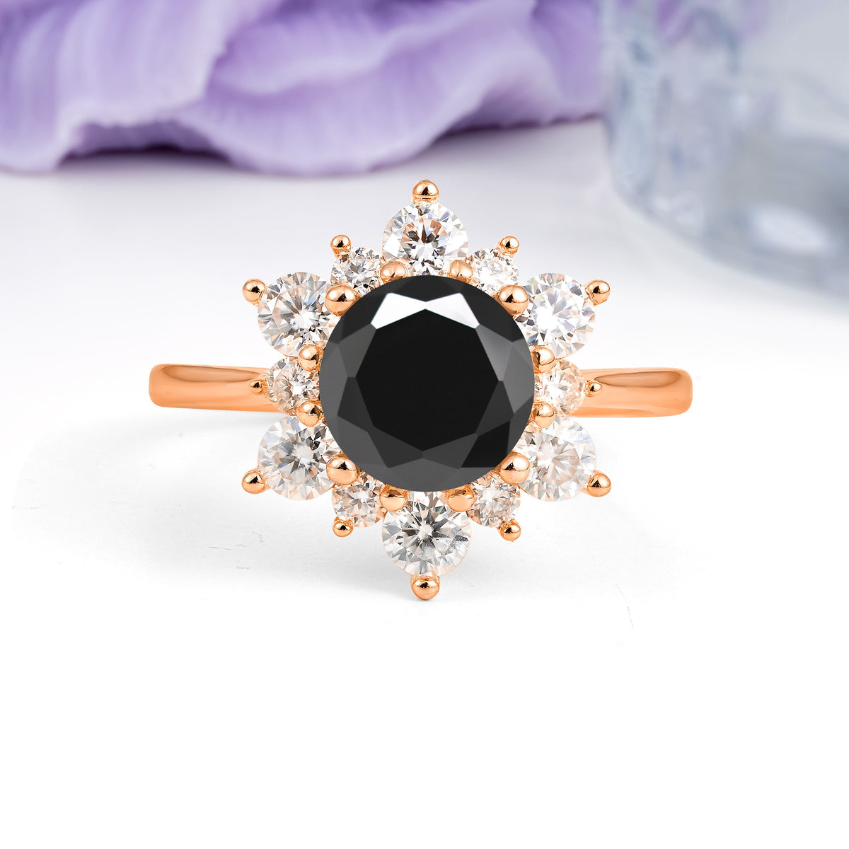 Luxurious Flower-Shaped 12-Prong Round Cut Black Onyx Engagement Ring - Additional view
