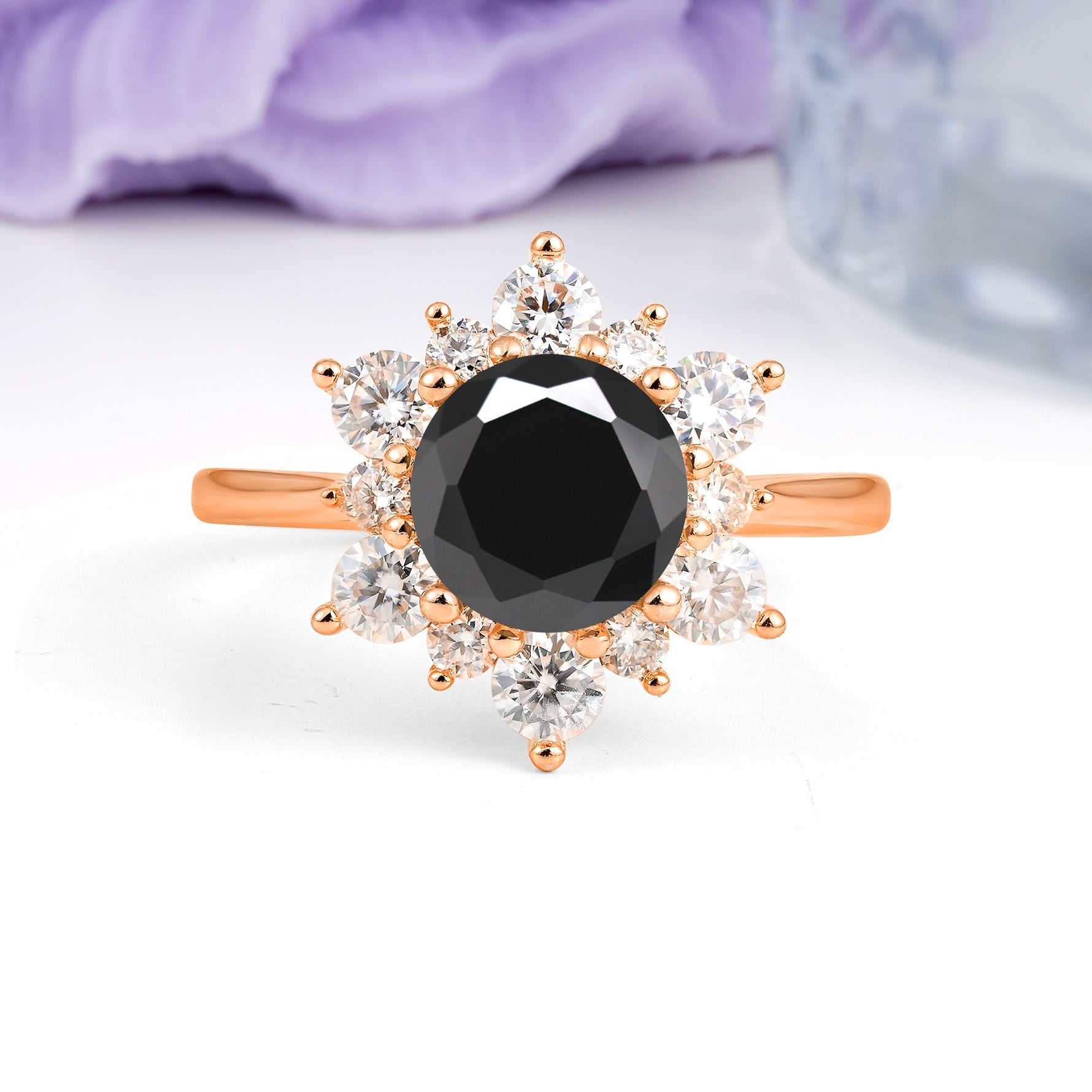 Luxurious Flower-Shaped 12-Prong Round Cut Black Onyx Engagement Ring - Additional view