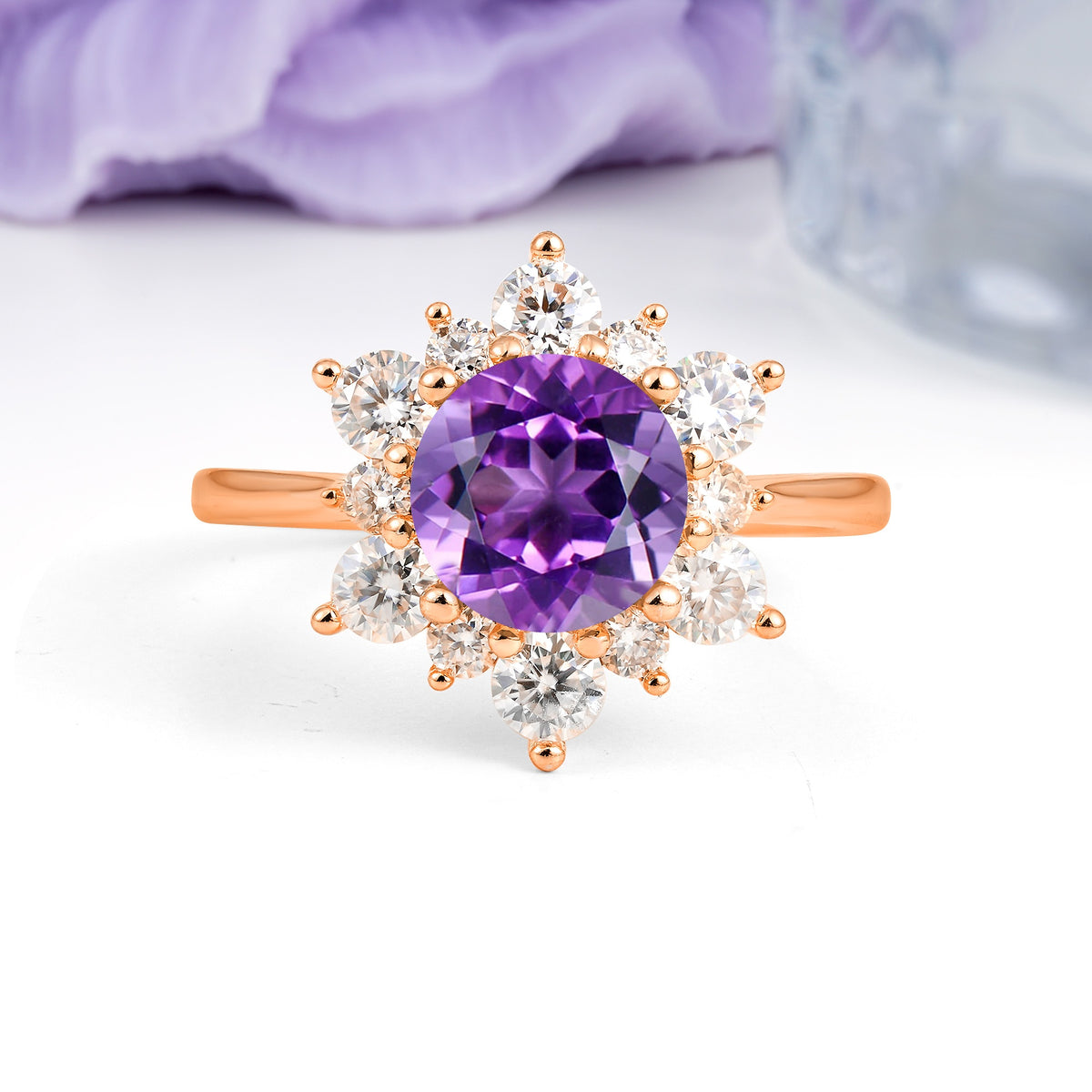 Luxurious Flower-Shaped 12-Prong Round Cut Amethyst Engagement Ring - Additional view