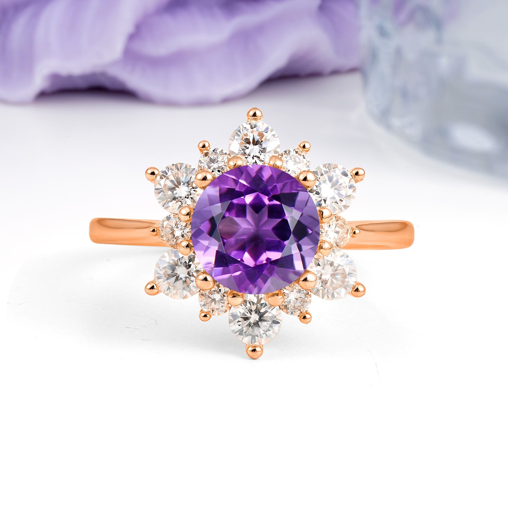 Luxurious Flower-Shaped 12-Prong Round Cut Amethyst Engagement Ring - Additional view