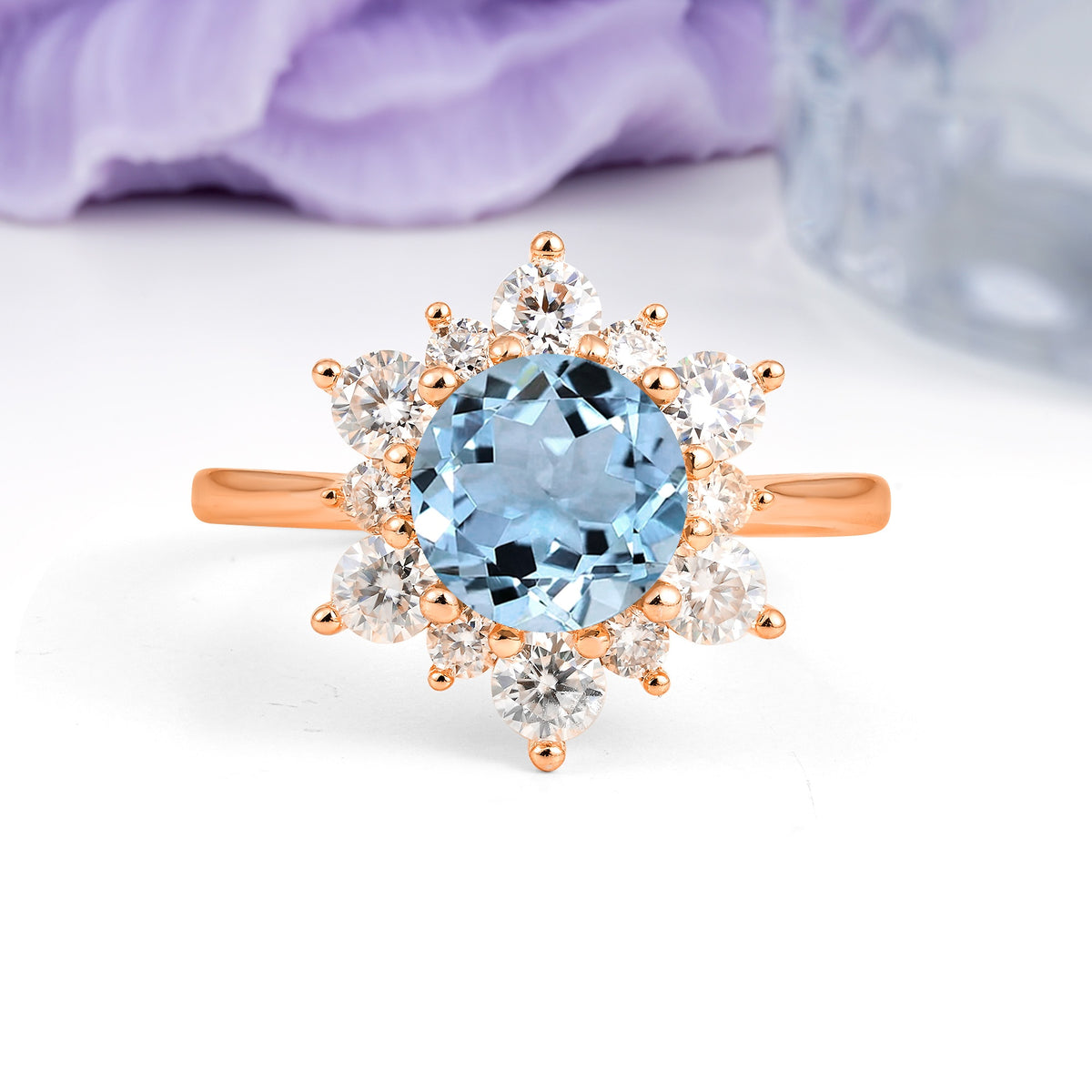 Luxurious Flower-Shaped 12-Prong Round Cut Aquamarine Engagement Ring - Additional view
