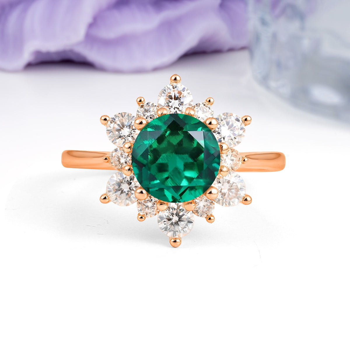 Luxurious Flower-Shaped 12-Prong Round Cut Emerald Engagement Ring - Additional view