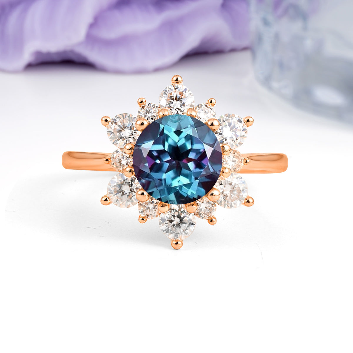 Luxurious Flower-Shaped 12-Prong Round Cut Alexandrite Engagement Ring - Additional view