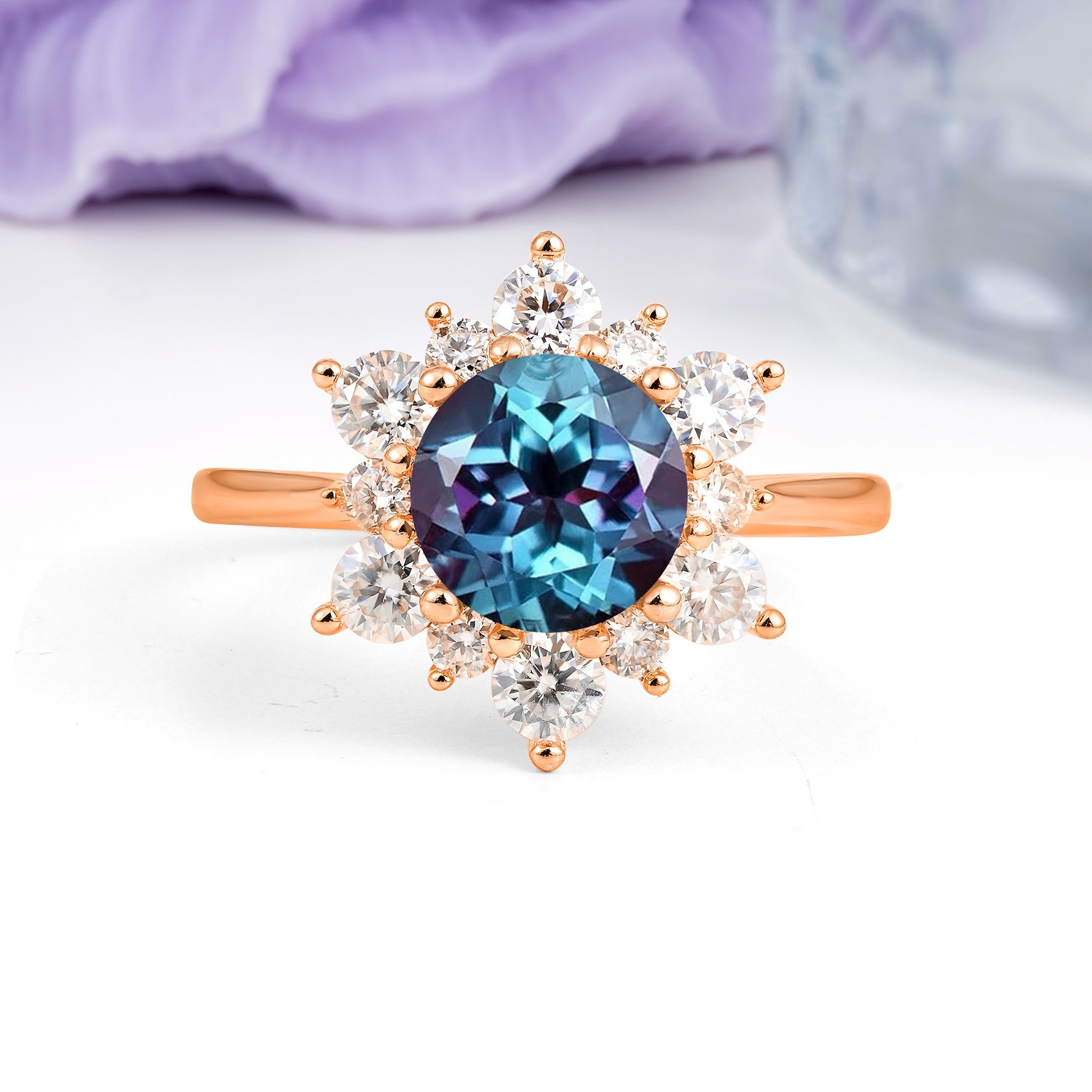 Luxurious Flower-Shaped 12-Prong Round Cut Alexandrite Engagement Ring - Additional view