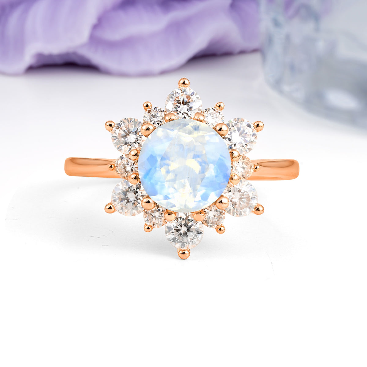 Luxurious Flower-Shaped 12-Prong Round Cut Moonstone Engagement Ring - Additional view
