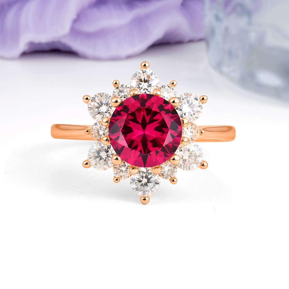 Luxurious Flower-Shaped 12-Prong Round Cut Ruby Engagement Ring - Additional view
