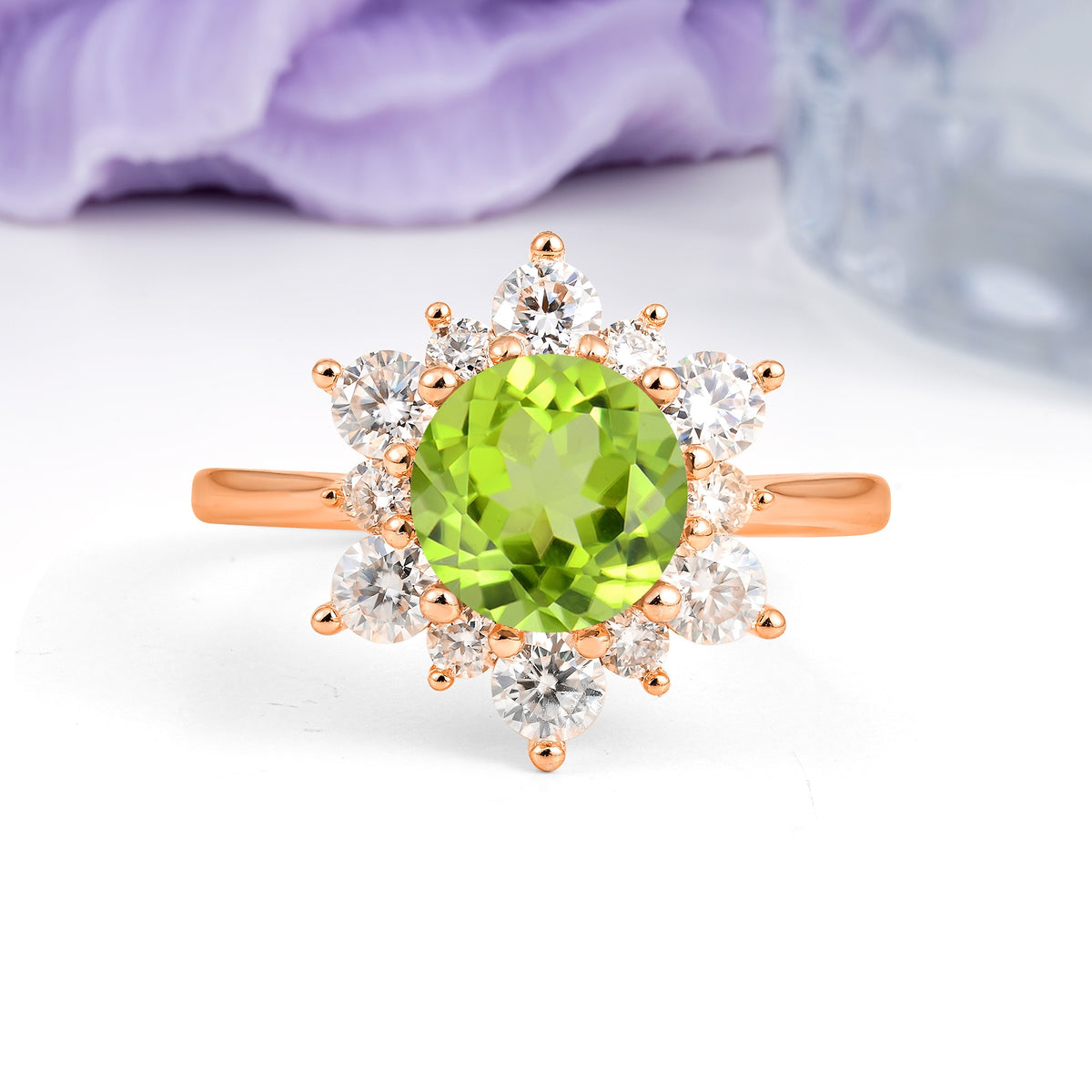 Luxurious Flower-Shaped 12-Prong Round Cut Peridot Engagement Ring - Additional view