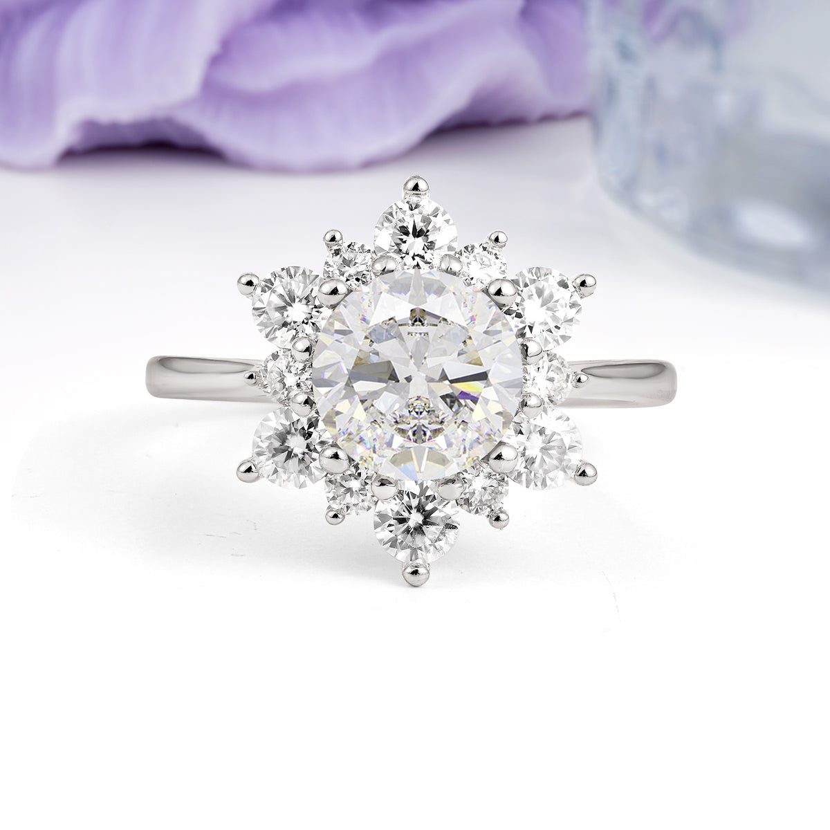 Luxurious Flower-Shaped 12-Prong Round Cut Moissanite Engagement Ring - Additional view