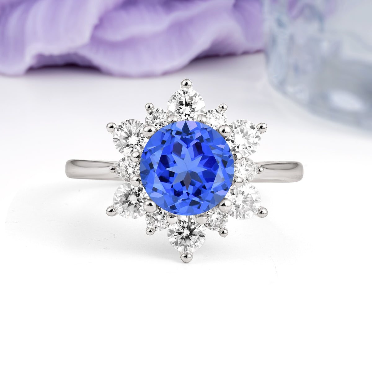 Luxurious Flower-Shaped 12-Prong Round Cut Sapphire Engagement Ring - Additional view