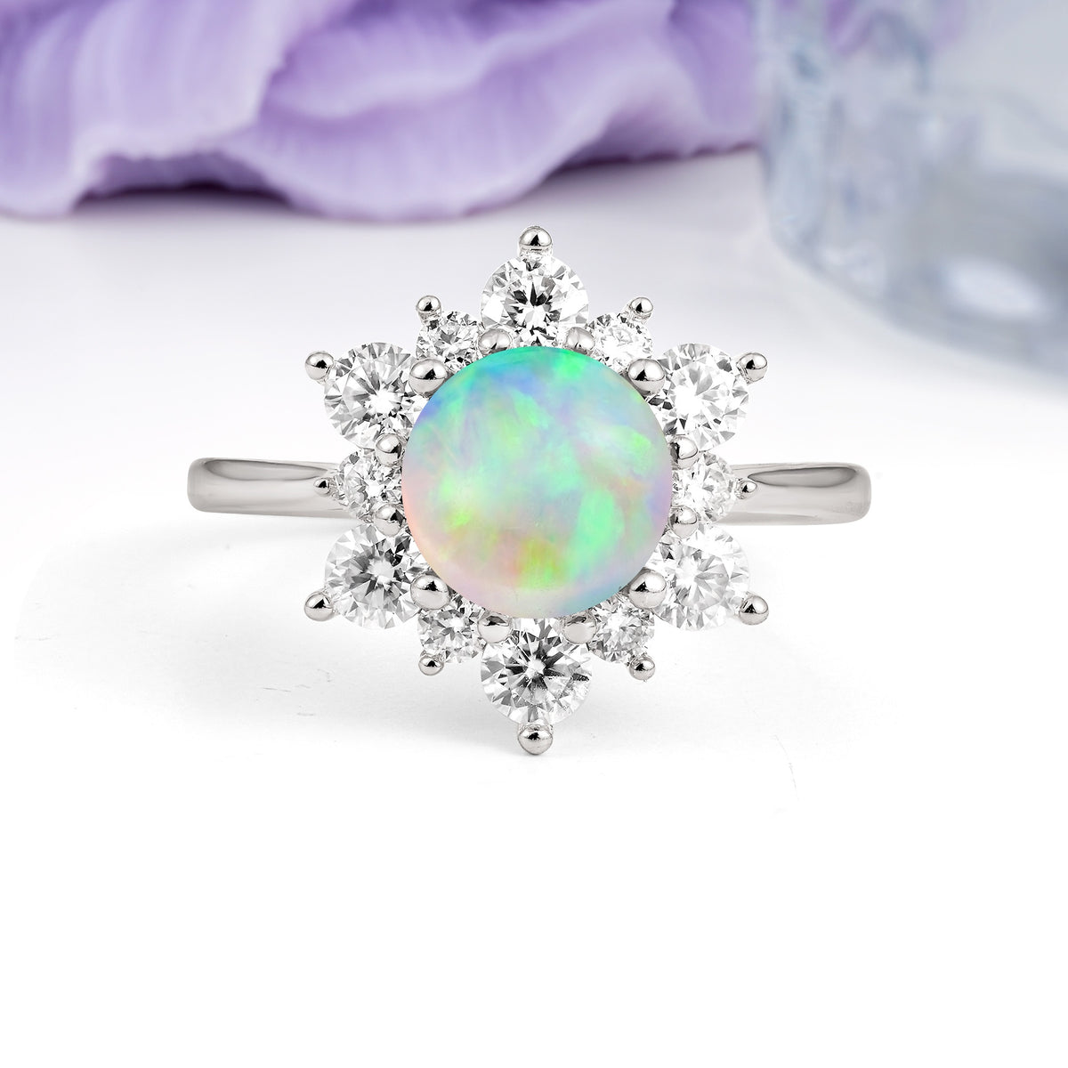 Luxurious Flower-Shaped 12-Prong Round Cut Fire Opal Engagement Ring - Additional view