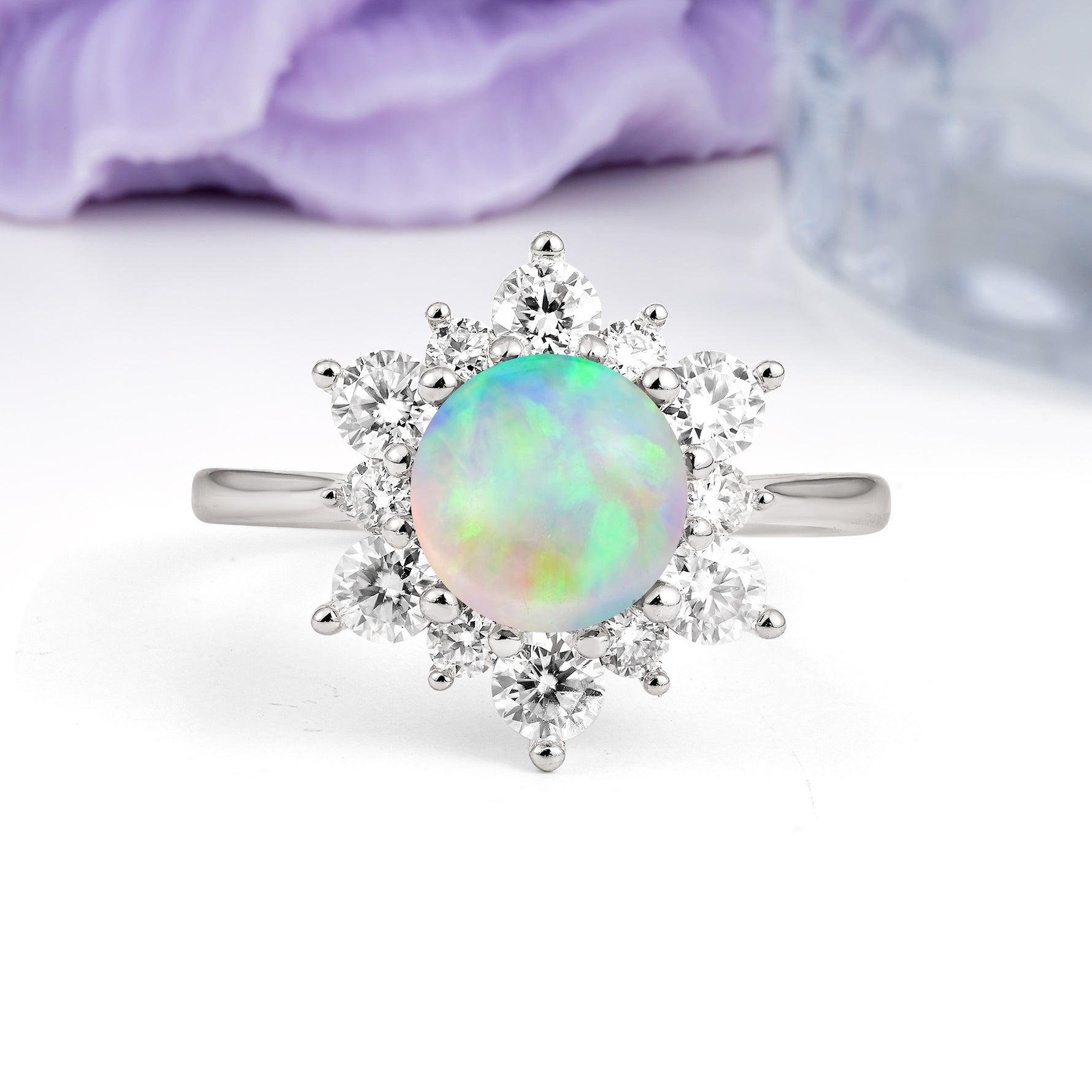 Luxurious Flower-Shaped 12-Prong Round Cut Fire Opal Engagement Ring - Additional view