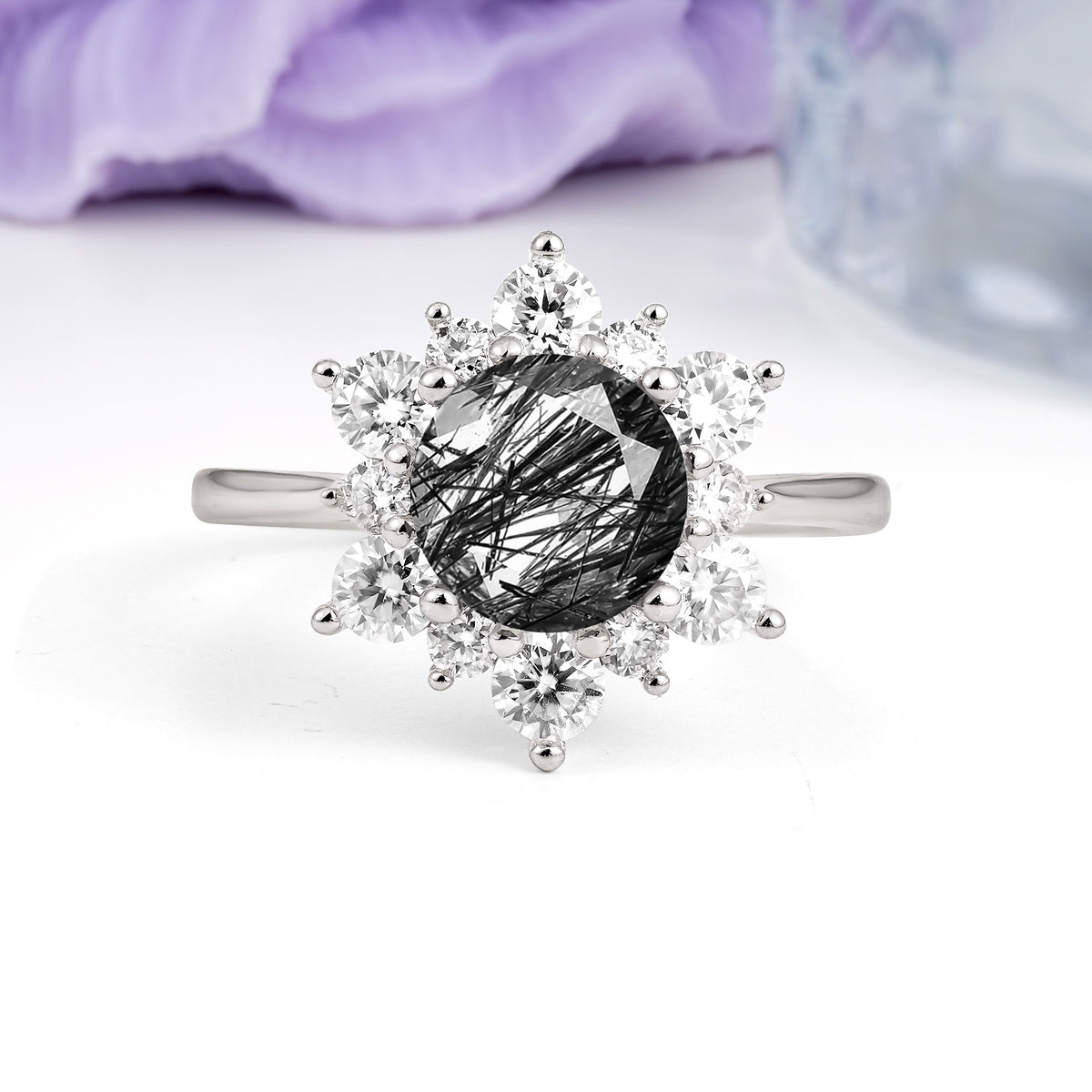 Luxurious Flower-Shaped 12-Prong Round Cut Black Rutilated Quartz Engagement Ring - Additional view