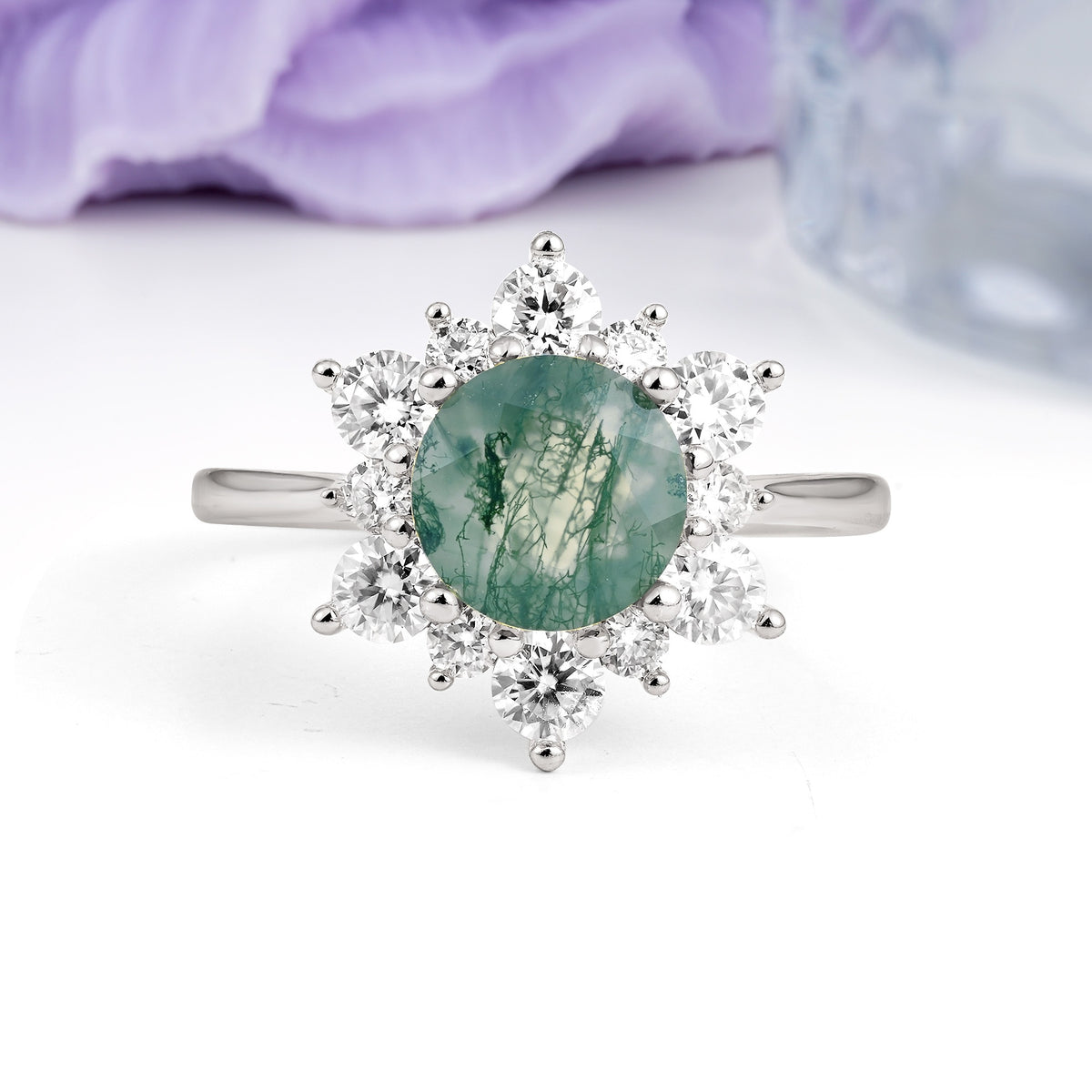 Luxurious Flower-Shaped 12-Prong Round Cut Moss Agate Engagement Ring - Additional view