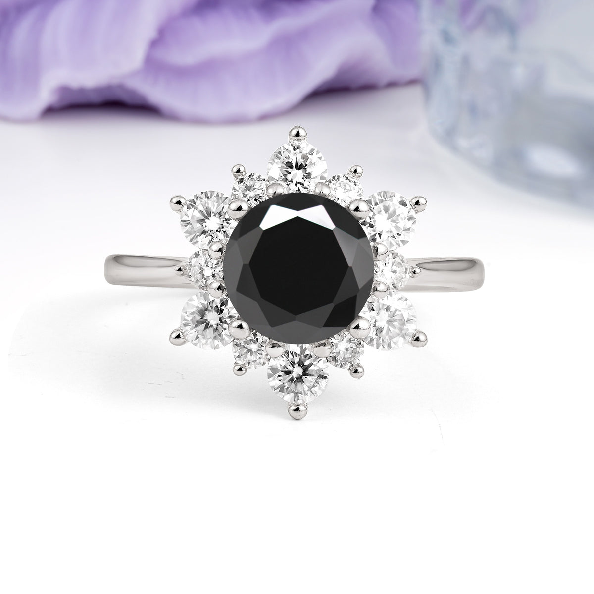 Luxurious Flower-Shaped 12-Prong Round Cut Black Onyx Engagement Ring - Additional view