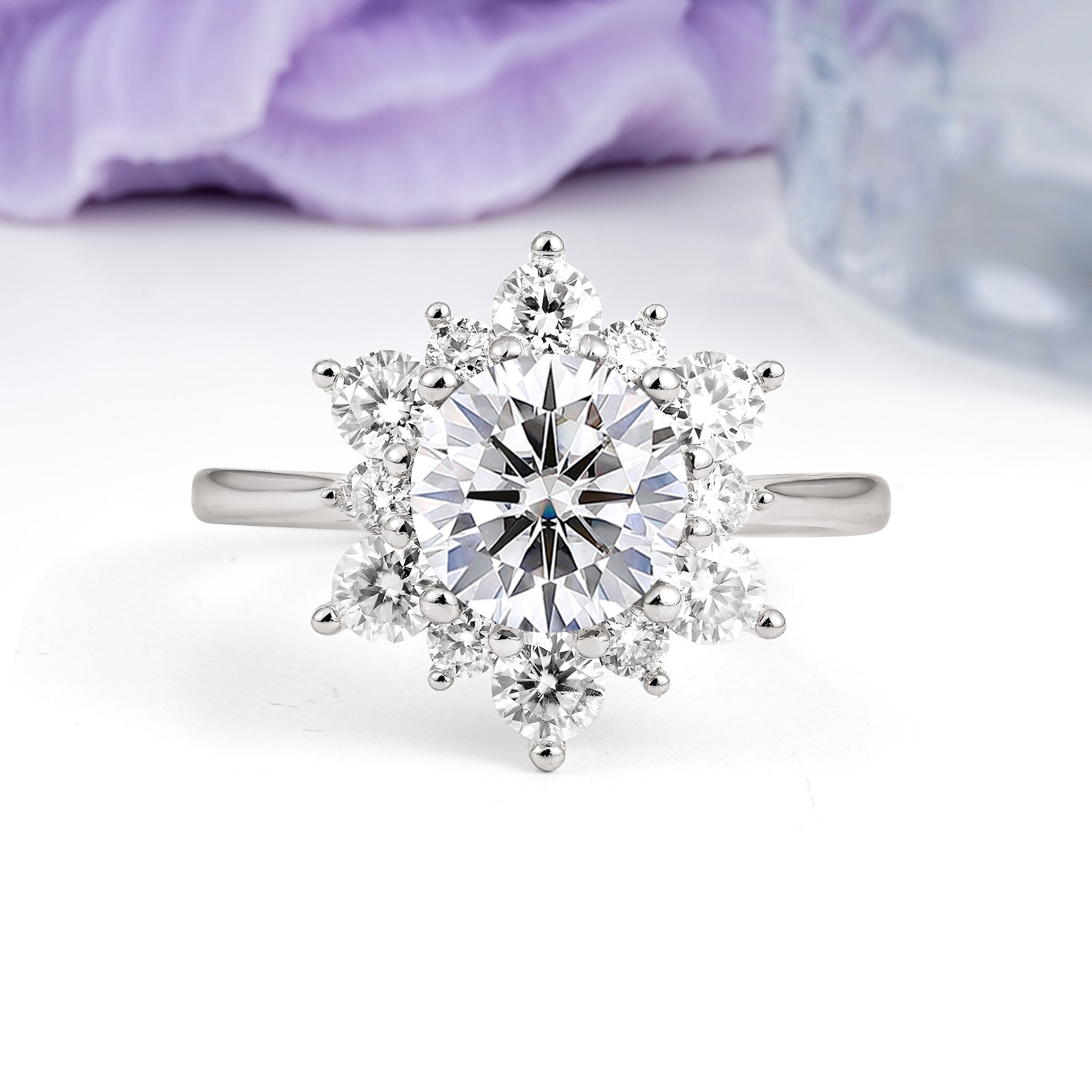 Luxurious Flower-Shaped 12-Prong Round Cut Lab Diamond Engagement Ring - Additional view