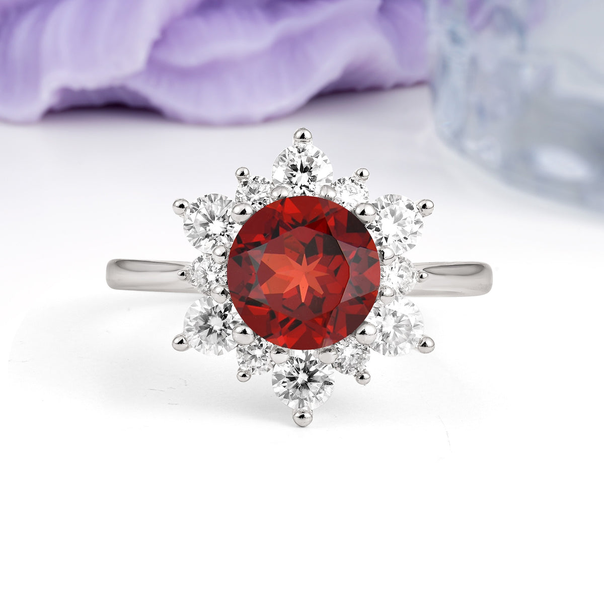 Luxurious Flower-Shaped 12-Prong Round Cut Garnet Engagement Ring - Additional view