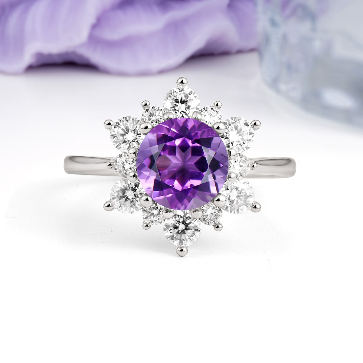 Luxurious Flower-Shaped 12-Prong Round Cut Amethyst Engagement Ring - Additional view