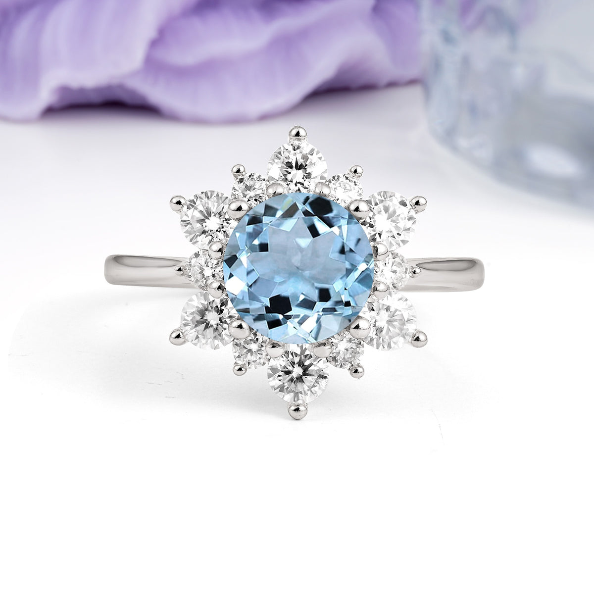 Luxurious Flower-Shaped 12-Prong Round Cut Aquamarine Engagement Ring - Additional view