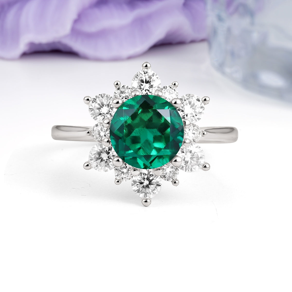 Luxurious Flower-Shaped 12-Prong Round Cut Emerald Engagement Ring - Additional view