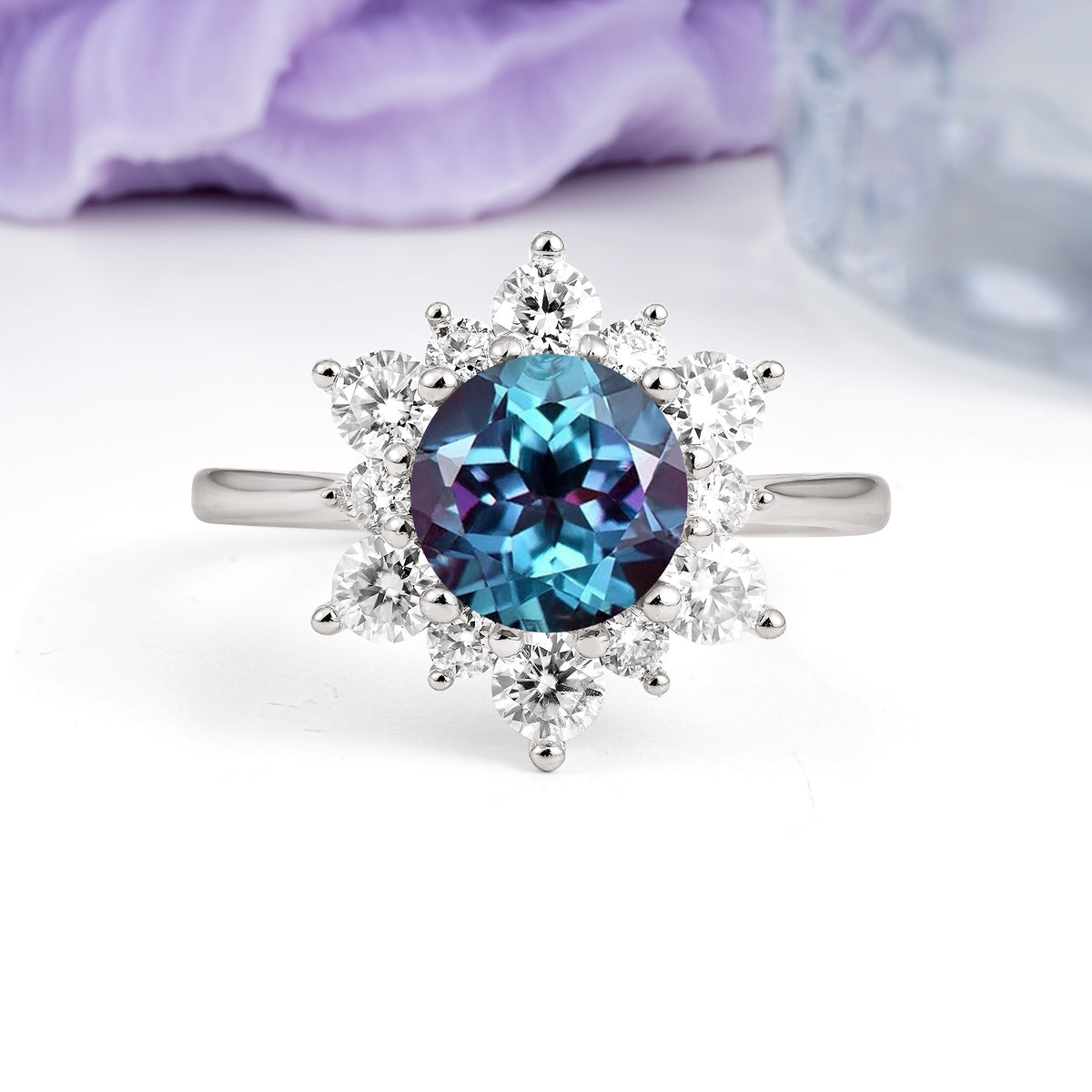 Luxurious Flower-Shaped 12-Prong Round Cut Alexandrite Engagement Ring - Additional view
